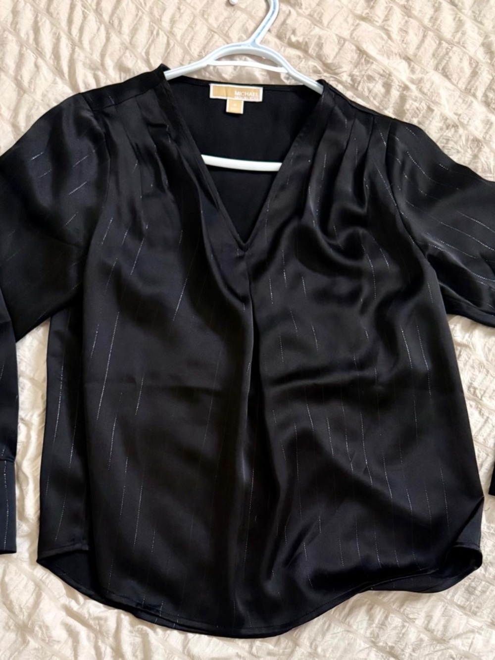 Michael Kors Black Satin V-Neck Blouse with Metallic Pinstripes